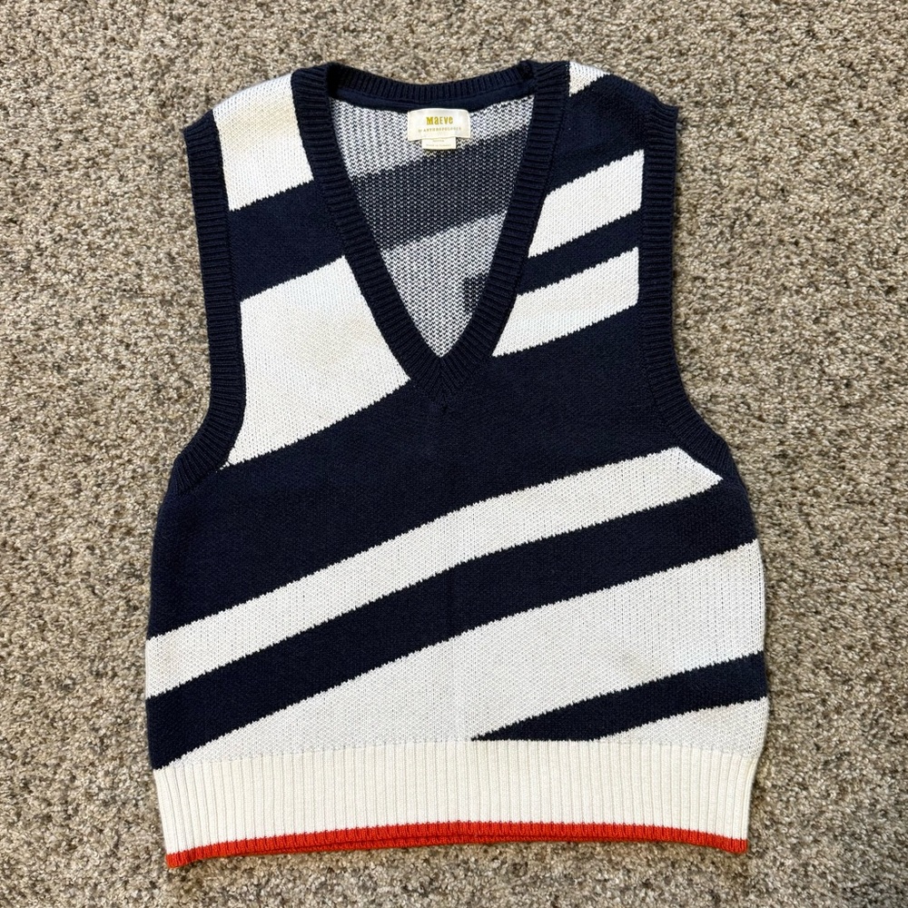 Anthropologie Maeve Navy and Cream V-Neck Sweater Vest
